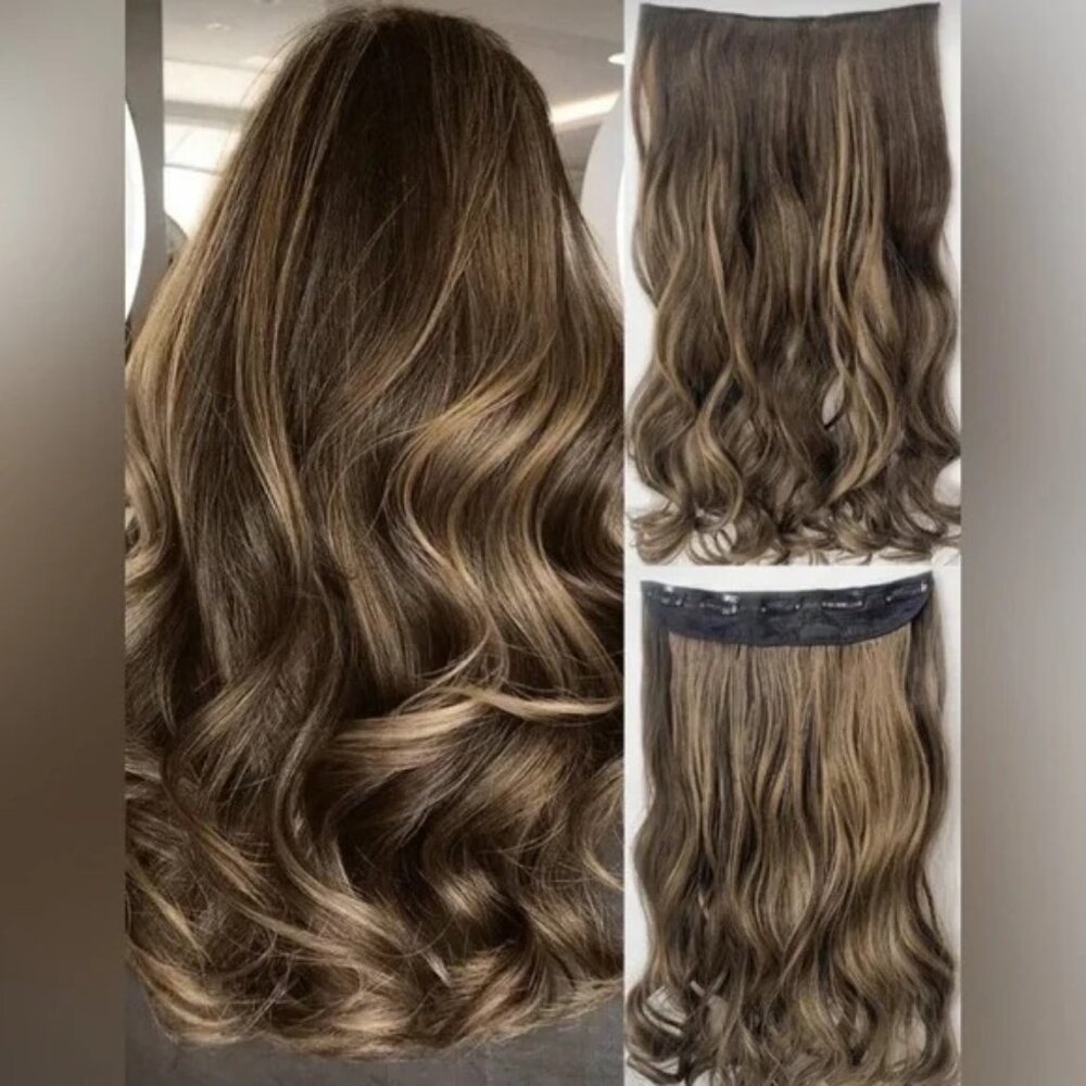 One piece Clip in Wavy Clip in hair extensions - Dark brown with Caramel Blonde